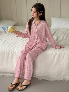 DAZY Tween Girl Heart Print Button Front Long Sleeve Top And Pants Pajama Set - Pink - View 6