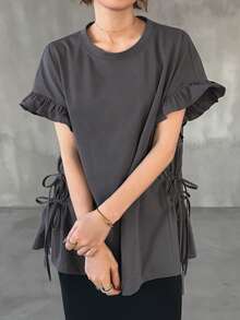 FRIFUL Women's Round Neck Ruffle Splice Loose Side Slit Criss-Cross Tie Solid Color Casual Short Sleeve T-Shirt - White - View 5