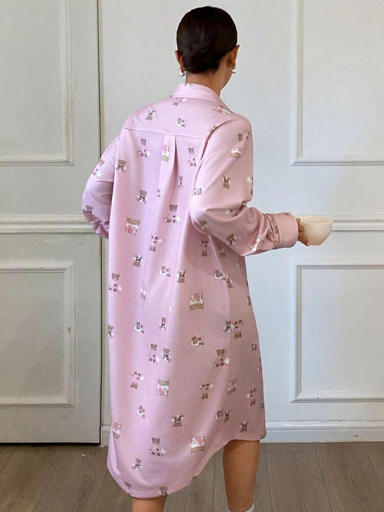 Women's Lapel Single-Breasted Bear Print Long Sleeve Casual Everyday Lounge Dress