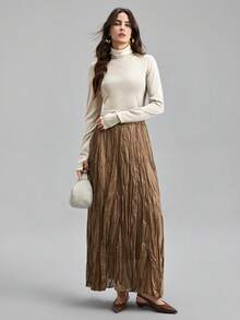 Ontre 女士亮面高领修身长袖袖口设计优雅衬衫，适合都市通勤、商务休闲、约会、婚礼宾客、度假等场合。 - 杏色 - 查看 7