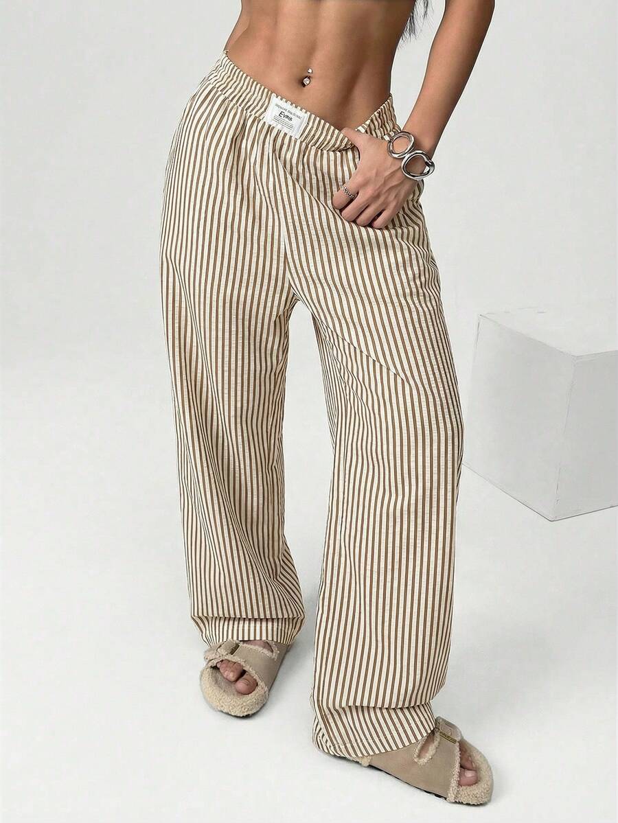 SHEIN EZwear 女士条纹织字刺绣阔腿裤 条纹裤 夏季女裤 条纹牛仔裤 阔腿夏季裤 - 卡其色 - 查看 1