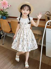 Genkimix Kids 女童碎花荷叶边领纽扣前襟优雅连衣裙 - 米色 - 查看 6