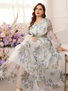 Modelyn 大码女士优雅V领长袖修身连衣裙 - 彩色 - 查看 6