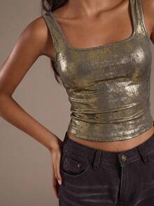 SHEIN Glamour Women's Shiny Fabric Streetwear Casual Sexy Fitted Camisole Tank Top, Suitable For Nightclub Party And Daily Wear Shimmer Top Clubbing Tops Gold Top Metallic Top Crop Top - Gold - View 7