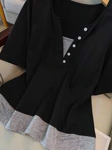 GlowEve CURVE Plus Half Button Peplum Top - Black - View 7