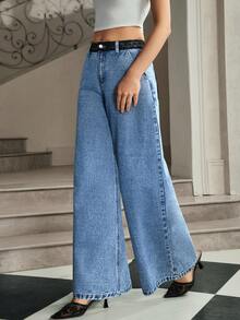 Selenza Women's Solid Color Slant Pocket Casual Versatile Wide Leg Jeans - Blue - View 4