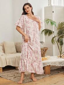 Serenescape 印花荷叶边泡泡袖女士睡裙 - 彩色 - 查看 4