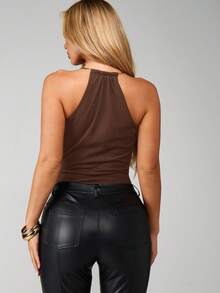 MISSGUIDED Halter Neck Cutout Bodysuit With Metal Hardware Detail Sleeveless Form Fitting Top - Brown - View 2