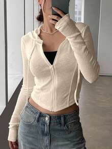 DAZY 女士纯色连帽拉链休闲长袖夹克