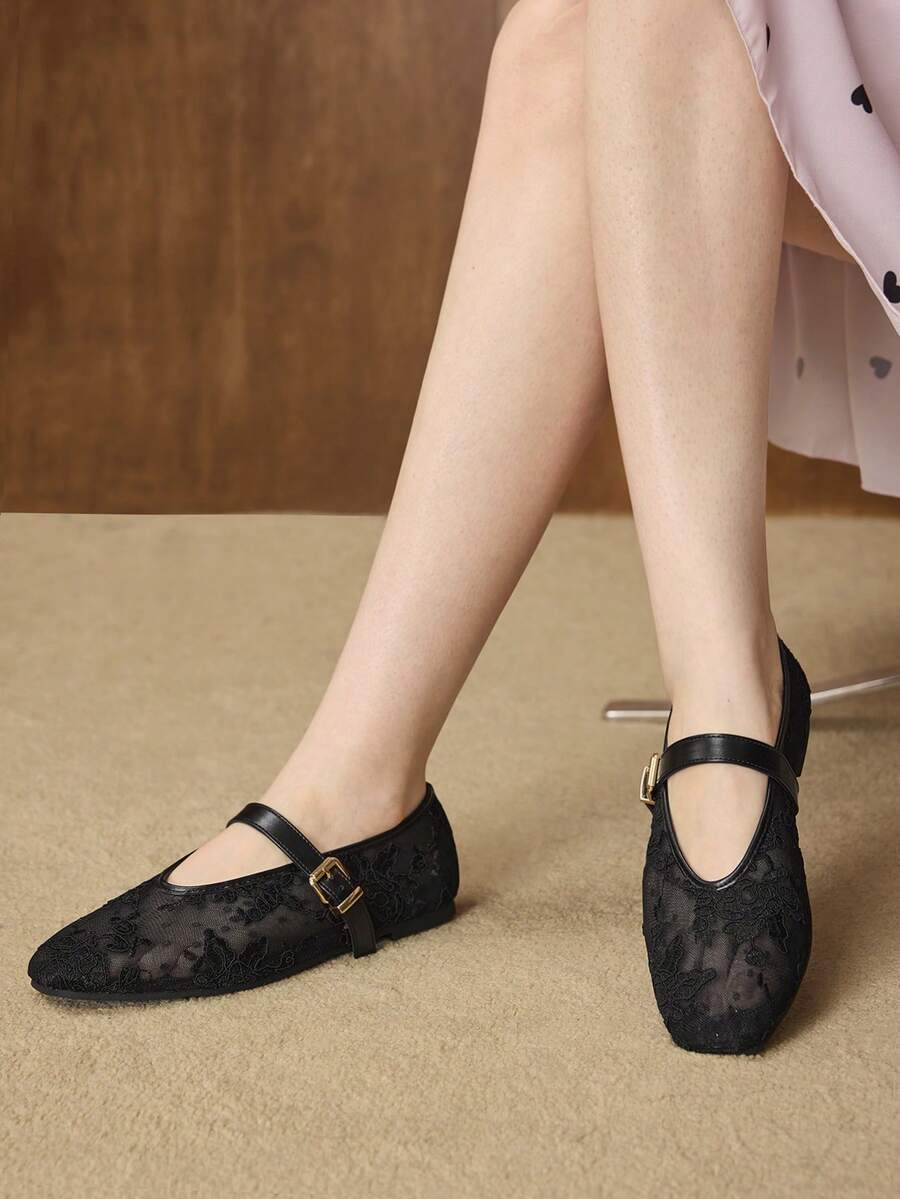 MOTF PREMIUM WOMEN'S COMFORTABLE VERSATILE SQUARE TOE MARY JANE FLATS, SUITABLE FOR COMMUTING & CASUAL WEAR SPRING SHOES - Graphite Black - View 1