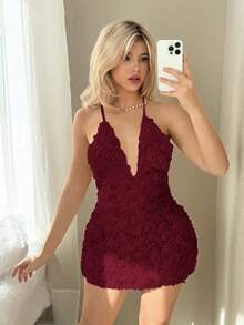 Sweetina Deep V-Neck Floral 3D Mini Slip Dress - Red Violet - View 3