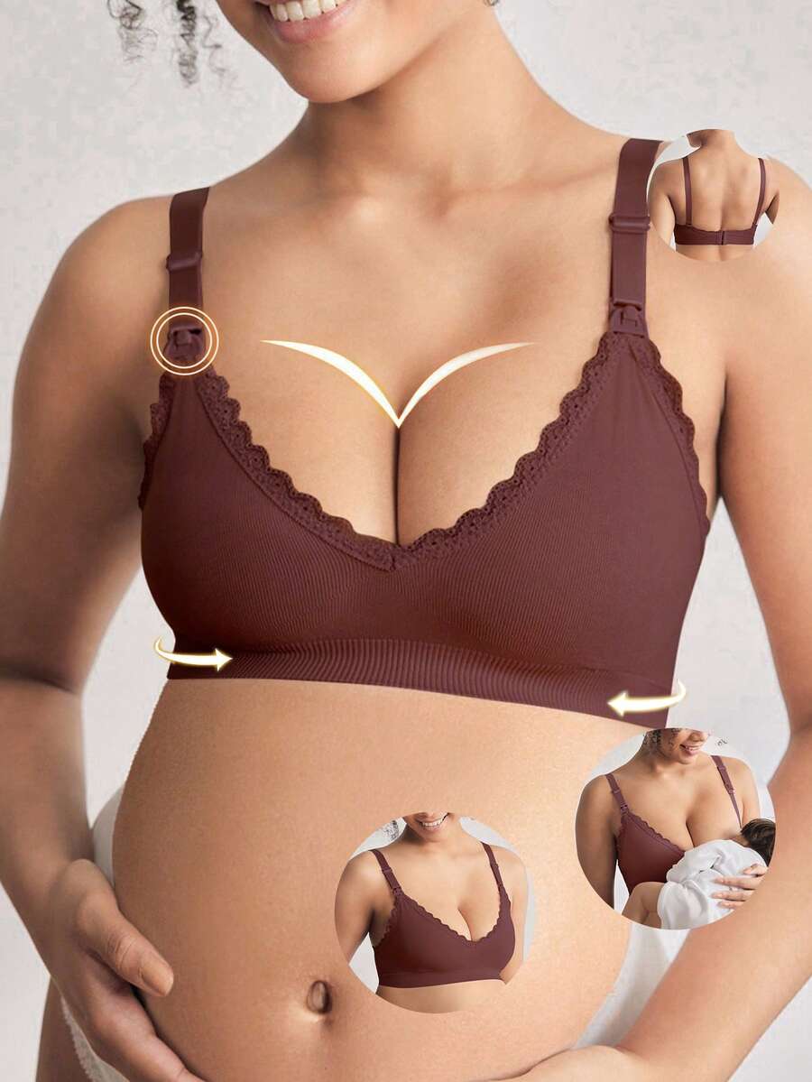 Moonlight&Mama 1pc Women's Seamless Minimalist Solid Color Fashionable Comfortable High Cost-Effective High Quality Maternity Portable Bra - Burgundy - View 1