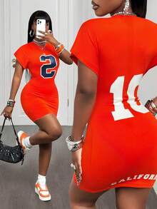 BamGleam Numeric Print Ruched Casual Short Sleeve Bodycon Dress - Orange - View 1