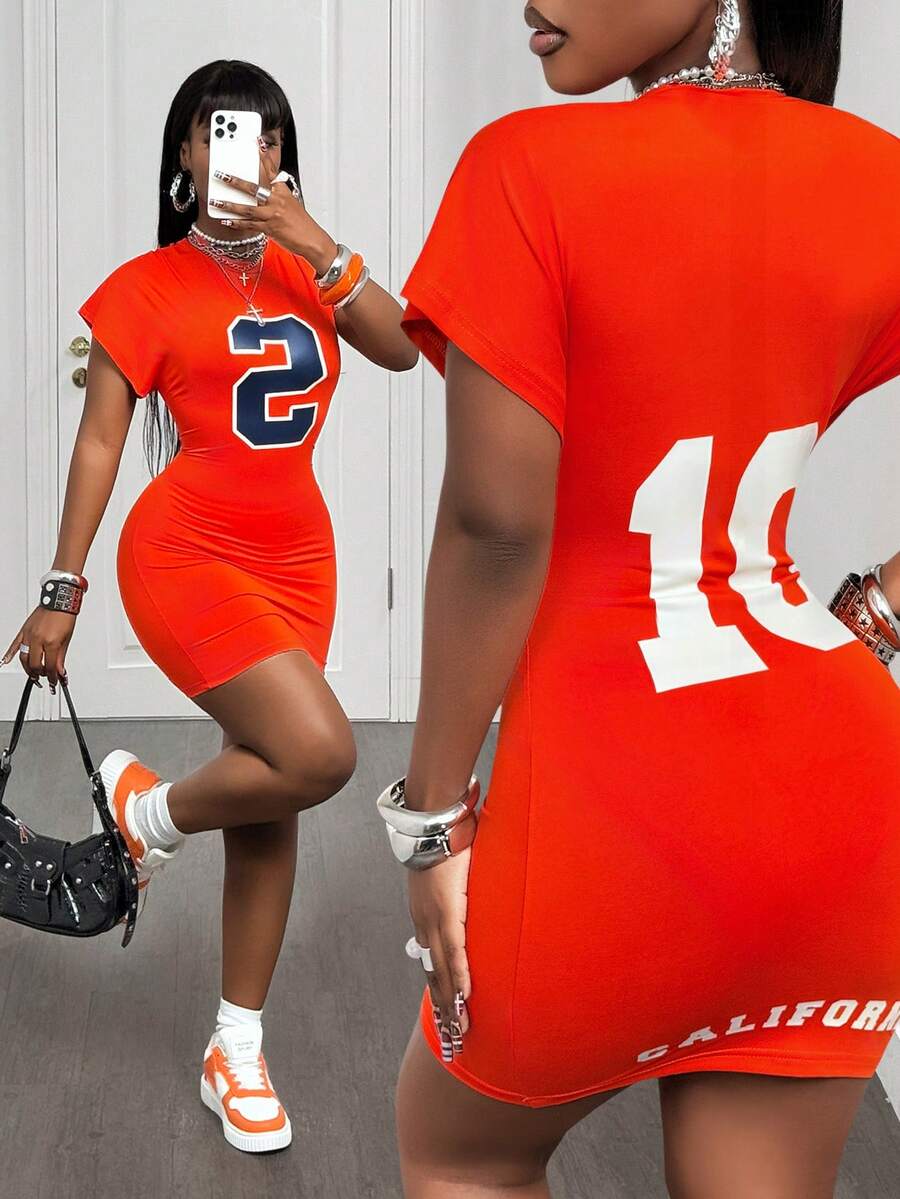 BamGleam Numeric Print Ruched Casual Short Sleeve Bodycon Dress - Orange - View 1