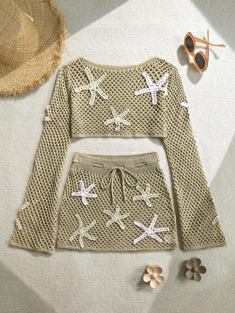 Soleia Beach Outfit For Women Summer Outfits  Vacation Outfits Women Women's Summer Vacation Beach Starfish Crochet Flare Sleeve Cover Up Cover Up - Khaki - View 1