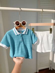 Set 2pcs Baju Bayi Laki-laki/Perempuan Atasan Pullover Lengan Pendek Kerah Polo Warna Kontras dan Celana Pendek Warna Polos dengan Pinggang Elastis - Biru - View 1