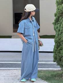 DAZY Tween Girl Casual Everyday Commute Fashion Street Loose Drop Shoulder Denim Shirt And Drawstring Waist Wide Leg Jeans Set, Spring/Summer/Autumn - Blue - View 3