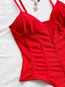 Soleia Women's Vacation Red Knit V-Neck Fishbone Waist Bodysuit, Sexy For Beach, Date, Holiday, Beach Vacation, Afternoon Tea, Wedding Season, Party, Cruise, City Vacation, Boho Vacation, Music Festival, Hippie, Western, Holiday, Valentine's Day - Red - View 3