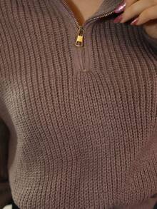 Gretanique Half Zip Drop Shoulder Grain Sweater,Long Sleeve Tops,Knitted Sweater In Fall/Winter Brown - Brown - View 3