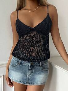 CovetEZ Áo hai dây ren hoa thời trang gợi cảm dành cho nữ - màu đen - Xem 6