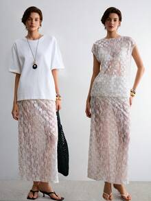 ATUI Studio 新款白色蕾丝薄纱长裙，轻盈飘逸，宽松垂坠，适合度假及日常穿着，优雅成熟风格。 - 白色 - 查看 2