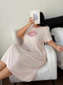 Dream Adore Plus Size Jacquard Knit Embroidered Lip Long Nightgown - Apricot - View 5