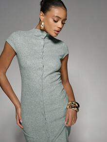 MISSGUIDED Mock Neck Cap Sleeve Button Front Ribbed Knit Midaxi Dress With Side Slit - Green - View 3