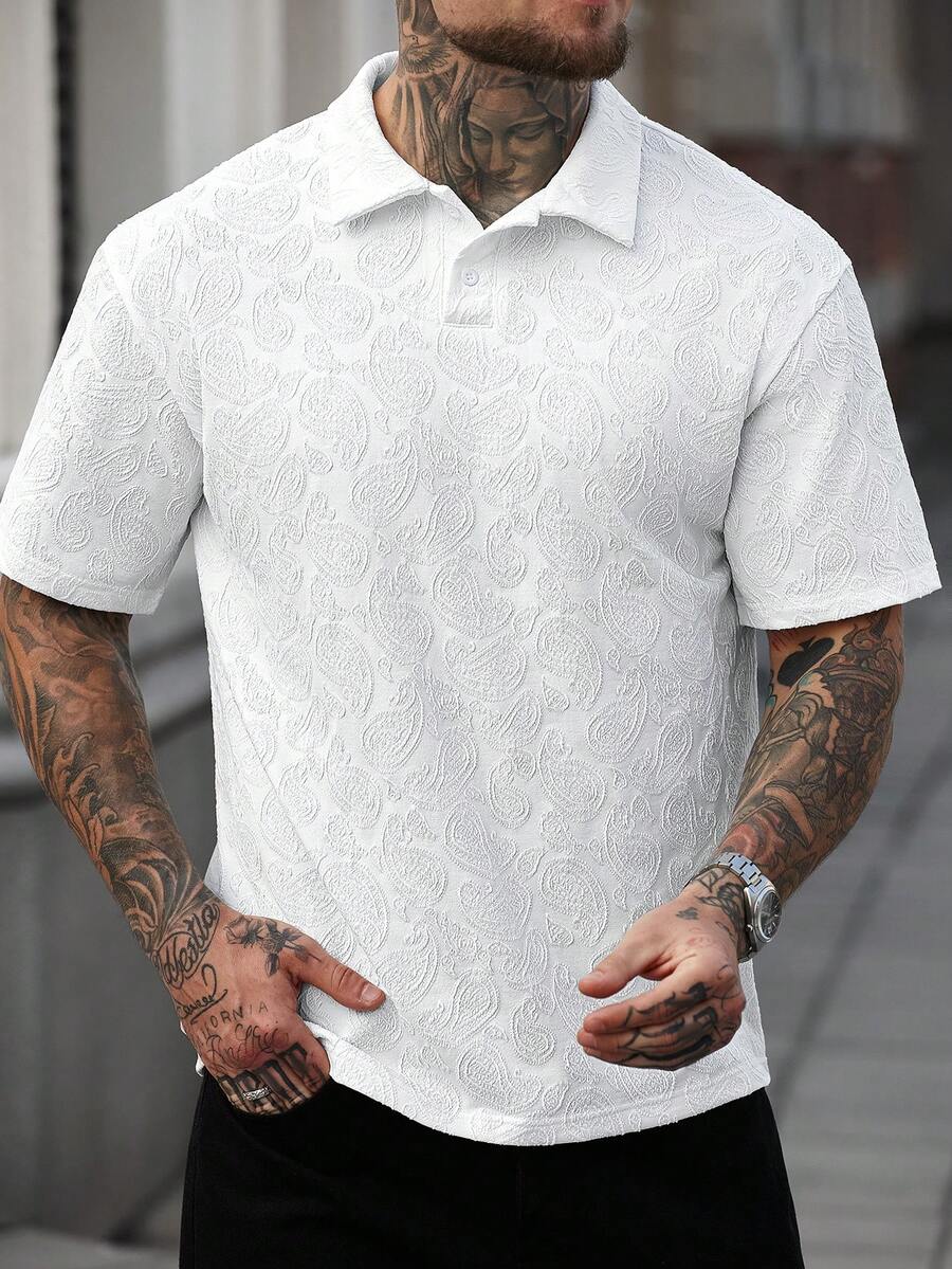 Manfinity CasualCool Men's Casual Summer Beach Holiday Solid Color Paisley Jacquard Short Sleeve Polo Shirt White Graphic Polo Men Mens Textured White Polo Mens Pattern Polo Shirt Mens White Paisley Polo - White - View 1