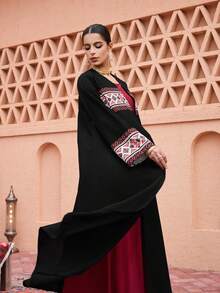 Al Najma Retro Print Patchwork Light Apricot Abayas - Black - View 4