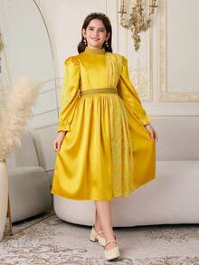 Tween Girls' Middle Eastern Arabic Princess Party Dress, Luxurious Elegant Golden Glitter & Metallic Ribbon Decor - Yellow - View 9