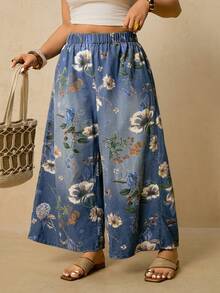 Travachic 大码女式印花弹力腰阔腿宽松休闲牛仔裤 - 中等水洗藍 - 查看 5