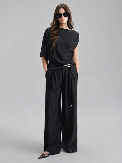 Ontre Women's Dusty Comfortable Soft Tencel Fabric Fitted Silhouette Dropped Shoulder Long Sleeve Waist Pleated Modern Elegant Wedding Guest, Minimalist Romantic French Chic Luxurious Urban Fashionable Business Casual Office Wear, Low-Key Old Money Vibe High-End City Commute High-Quality Airport Cruise Middle East Essential Versatile All-Season Wedding Series Blouse