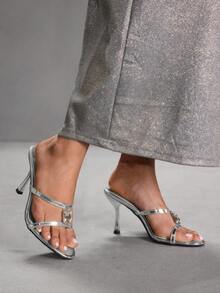 CUCCOO SZL Women Fashionable Rhinestone Decor Open Toe Heeled Sandals - Silver - View 5