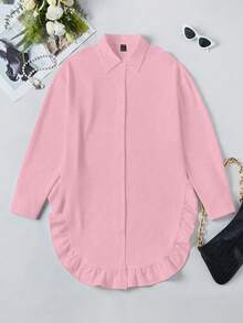Chiquease Áo sơ mi nữ dáng suông, màu trơn, có bèo nhún ở gấu và xẻ tà, thích hợp cho việc đi làm. - Hồng - Xem 8