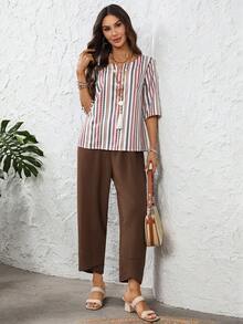 EMERY ROSE 女士条纹印花衬衫和七分裤套装 - 彩色 - 查看 6