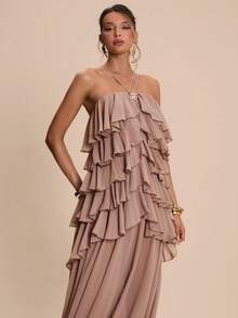 SHEIN BAE 卡其色露背荷叶边A字连衣裙，浪漫约会连衣裙，派对连衣裙，伴娘礼服，舞会礼服，生日连衣裙，春夏款 - 卡其色 - 查看 5