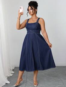 Elenzga Đầm yếm denim không co giãn màu xanh đậm, thanh lịch và thoải mái dành cho nữ cỡ lớn - Rửa tối - Xem 6