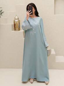 Al Najma Đầm xòe tay bồng dáng rộng kiểu Ả Rập thanh lịch dành cho nữ, thêu hoa và đính đá, thích hợp cho mùa xuân/thu. - Màu xanh lam - Xem 8