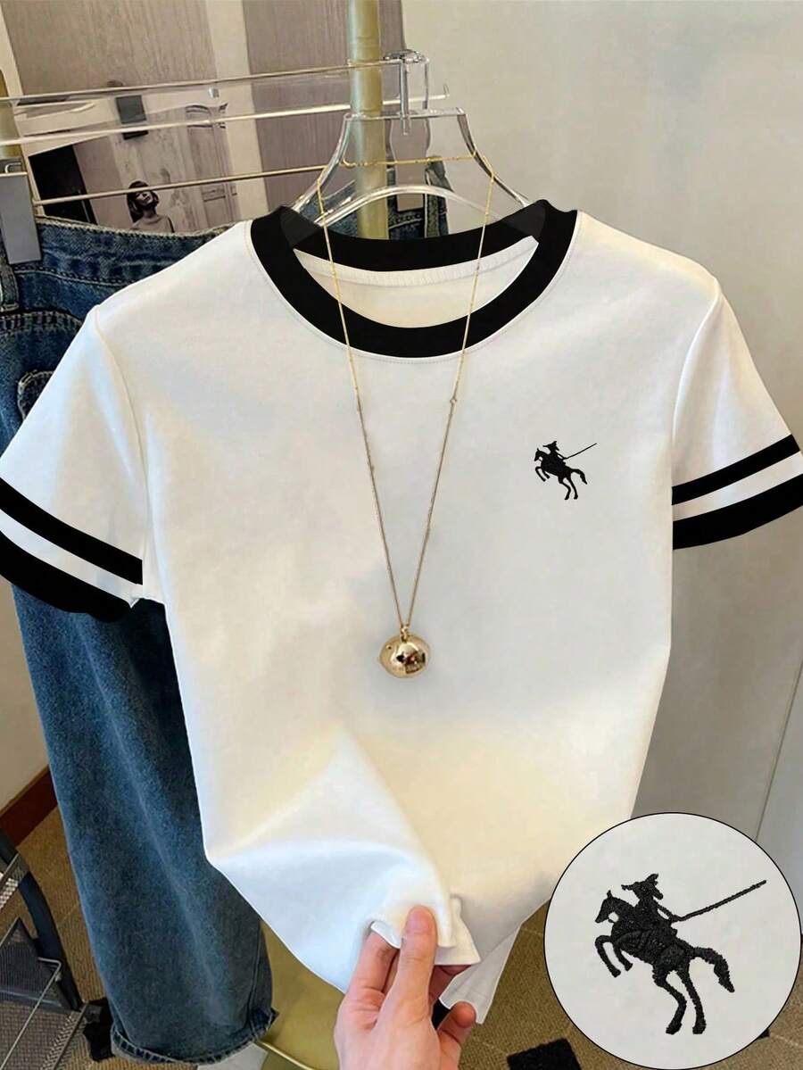 Teen Girl Casual, Retro American Campus Classic Logo Graphic Short Sleeve Crew Neck T-Shirt, Suitable For Summer, American Chic Vacation, White Fitted Everyday Casual, Black Striped Print Fashion Everyday Comfortable Versatile White T-Shirt Short Sleeve T Shirt T Shirt For Teens Aesthetic Tops For Teens Streetwear Teen Shirts - Multicolor - View 1