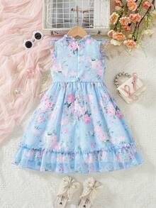 Elladie kids Đầm không tay in hoa hồng, dáng phồng, khóa kéo sau lưng, thanh lịch, đa năng, ngọt ngào và dễ thương kiểu công chúa cho bé gái 2-5 tuổi. Thích hợp mặc hàng ngày. - Màu xanh lam - Xem 2