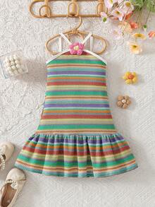 SHEIN Elladie kids Đầm hai dây hở lưng kẻ sọc cầu vồng thời trang ngọt ngào cho bé gái, trang phục dễ thương cho kỳ nghỉ hè. - Đỏ - Xem 3