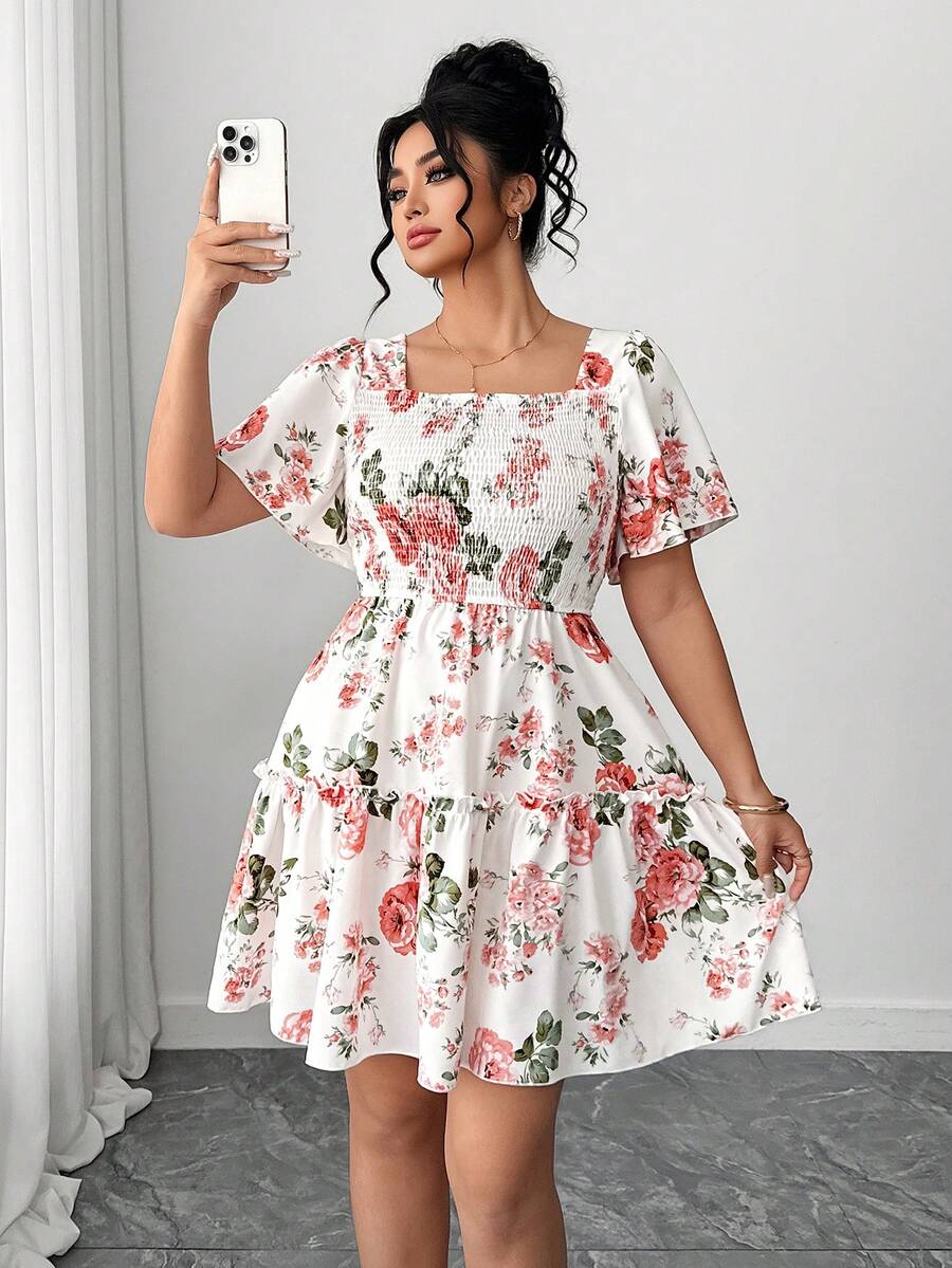 SHEIN PETITE CURVE Plus Size Floral Print Ruffle Sleeve Short Swing Dress Floral Dress Women Elegant Short Sleeve Summer Dress - White - View 1