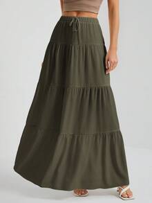 SHEIN Tall 白色梭织女式大下摆白色衬里半身裙，适合度假和外出穿着 - 橄欖綠 - 查看 1