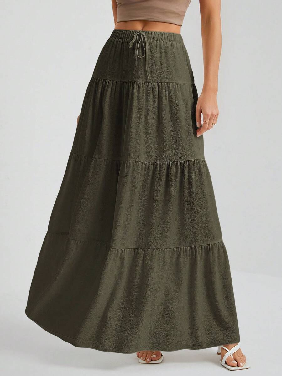 SHEIN Tall 白色梭织女式大下摆白色衬里半身裙，适合度假和外出穿着 - 橄欖綠 - 查看 1