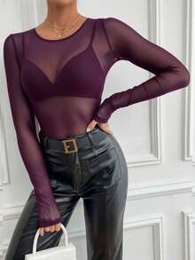 SHEIN Tall 女士性感纯色透视网纱长袖修身衬衫 - 中紫紅色 - 查看 4