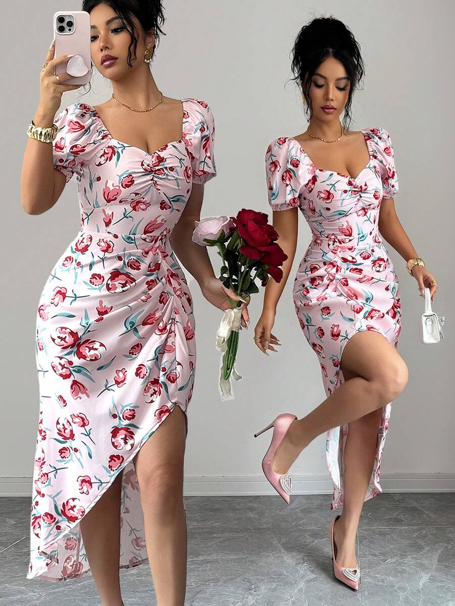 Elenzga Đầm xẻ cao in hoa thanh lịch, thích hợp cho mùa hè. - Nhiều màu - Xem 1