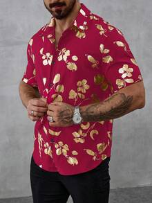 Manfinity LEGND Chemise décontractée à manches courtes avec boutons et imprimé floral pour hommes - Rouge - Voir 6