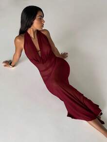 Aloruh 女士度假连衣裙，纯色茄紫色，深V垂褶领口，性感优雅露背吊带裙，女士罩衫，女士沙滩装 - 紅色 - 查看 7