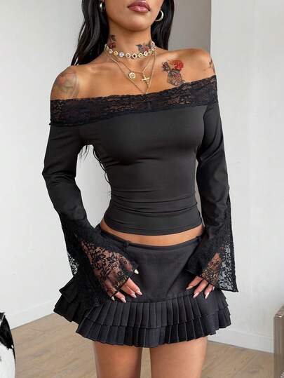 Coolane Dam Vår Streetwear Y2K Casual Dejt Kväll Elegant Fest Spets Patchwork Stretchig Bustier Bara Axlar Långärmad Crop T-shirt