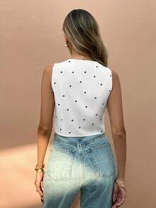 SHEIN Frenchy Camisa sin mangas con cuello en V y botones delanteros con estampado de corazón para mujer - Celeste - Ver 2